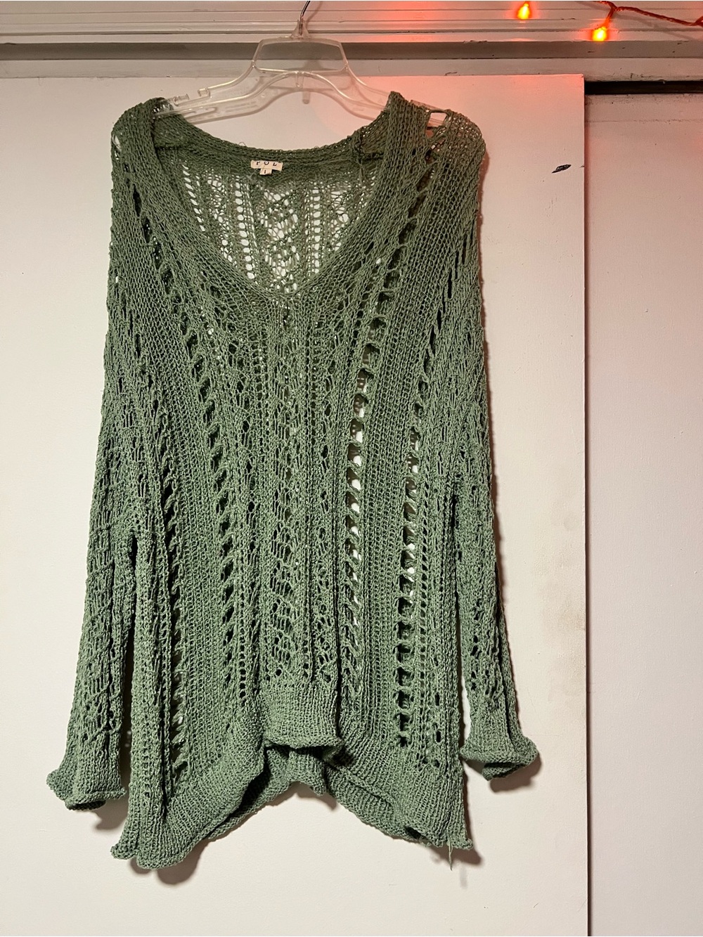 POL Open-Knit V-Neck Sweater in Sage Green
